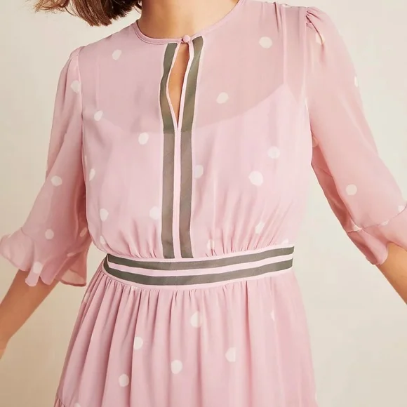 Gal Meets Glam Finely Polka Dot Tiered Midi Pink Dress Women's 4 Petite - Picture 2 of 16